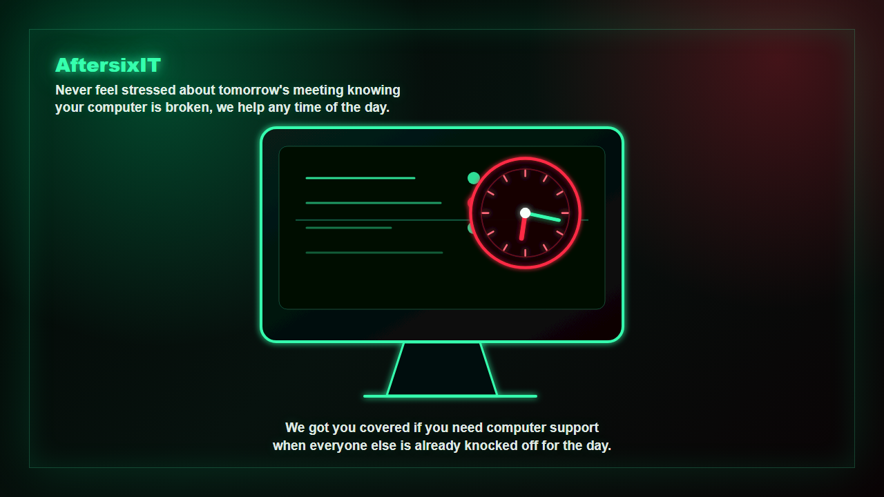 AftersixIT neon computer monitor with analog clock showing 18:17